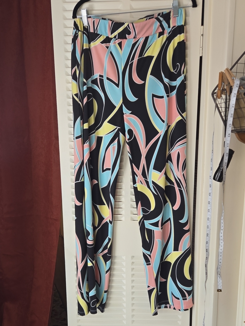 Passport Black Wide-Leg Pants with Pink, Blue & Yellow Abstract Print